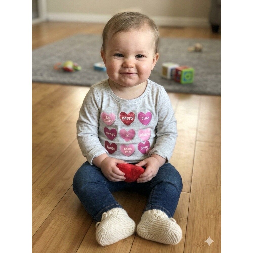 Way To Celebrate 12 Months Infant Girls Valentine’s Day Heart Long Sleeve Shirt